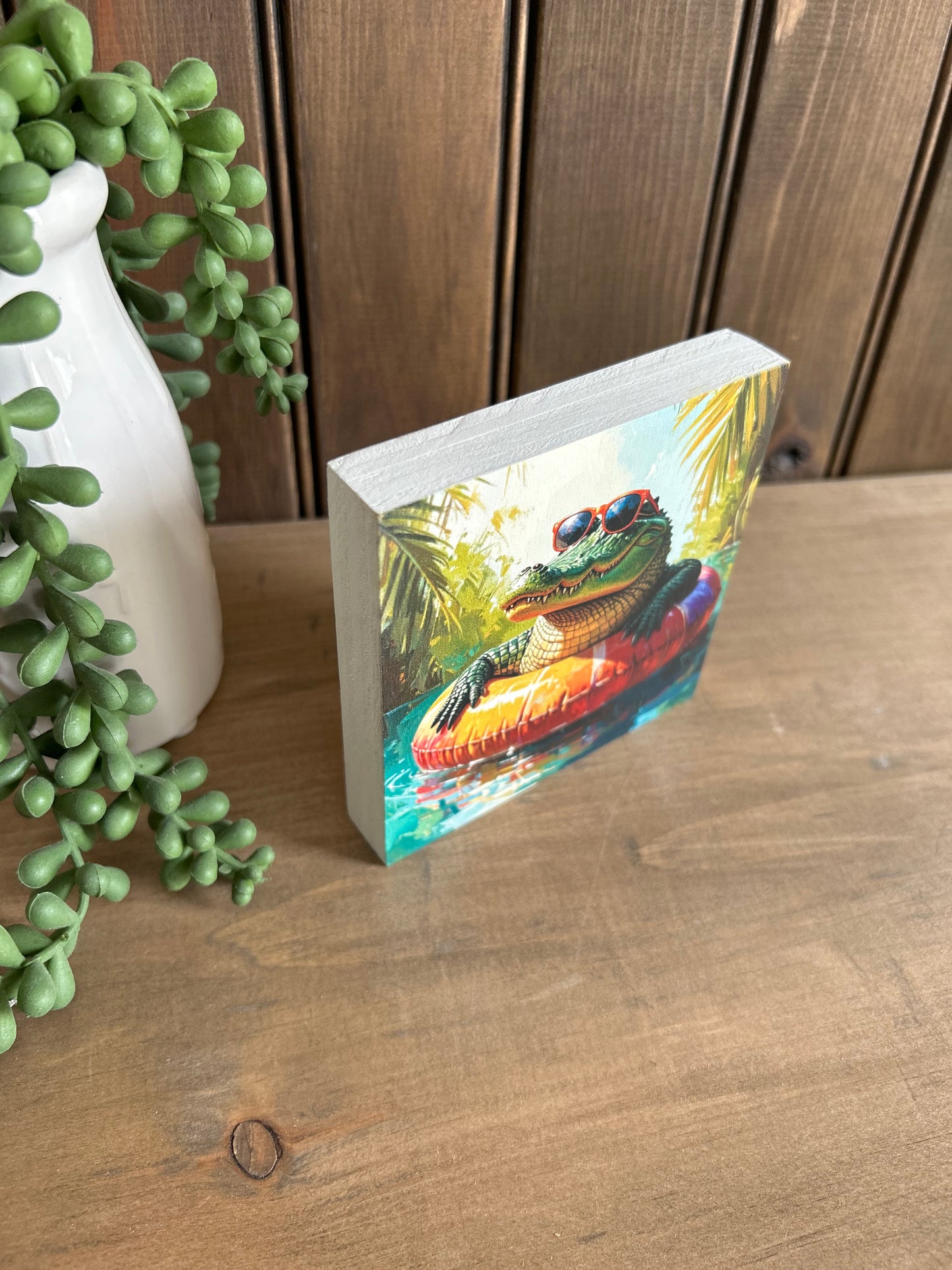 Gator Floating in Tube - Rustic Summer Decor Wood Sign