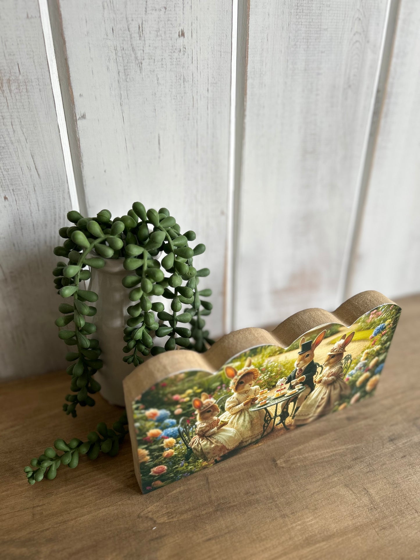 Bunny Tea Party - Rustic Spring Decor Scalloped Wood Sign