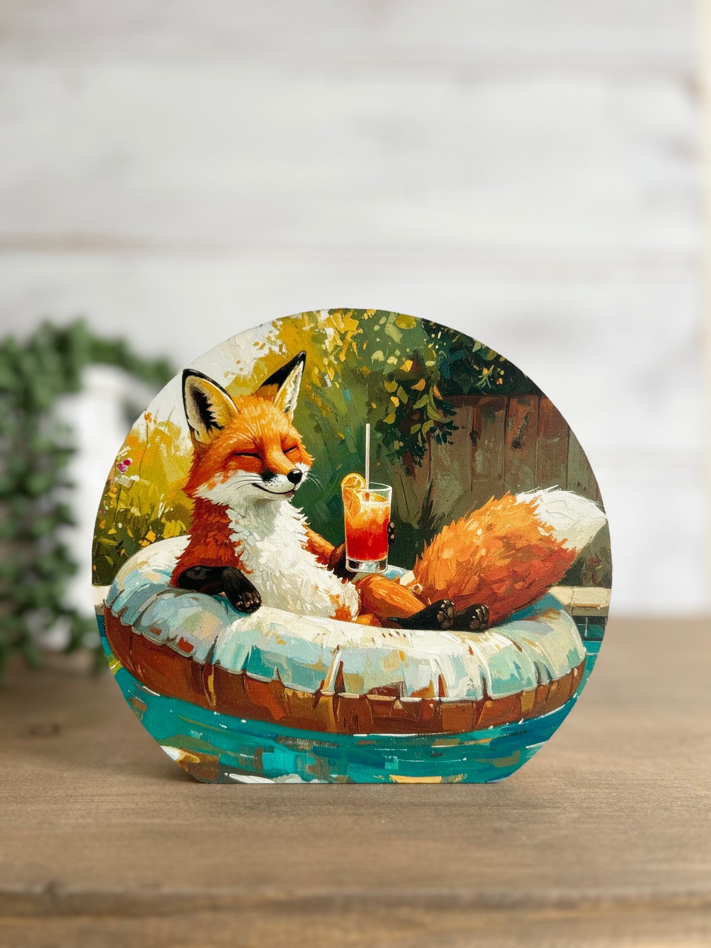 Fox In Tube - Rustic Summer Country Decor Circle Wood Sign