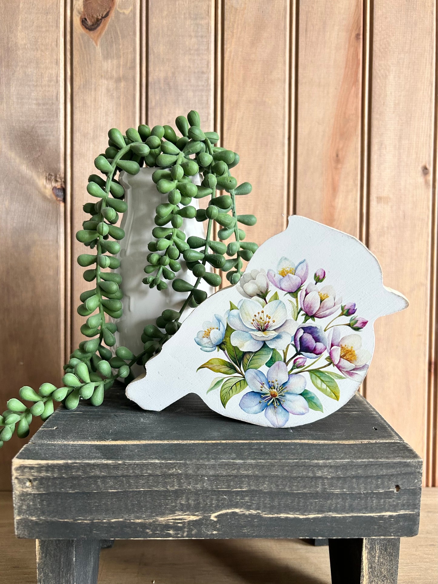 Spring Floral Wood Chunky Bird- Rustic Country Decor Sitter