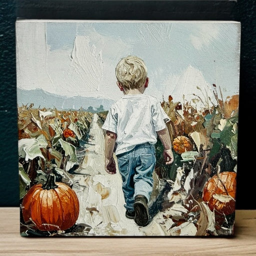 Boy in Pumpkin Patch - Autumn/Fall Decor Rustic Wood Sign