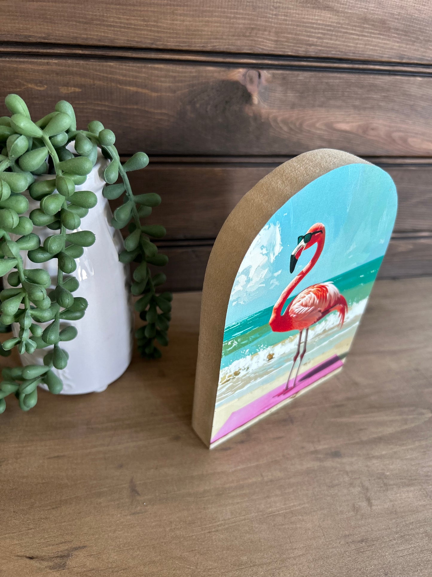 Flamingo Yoga on the Beach Wood Arch- Coastal Decor