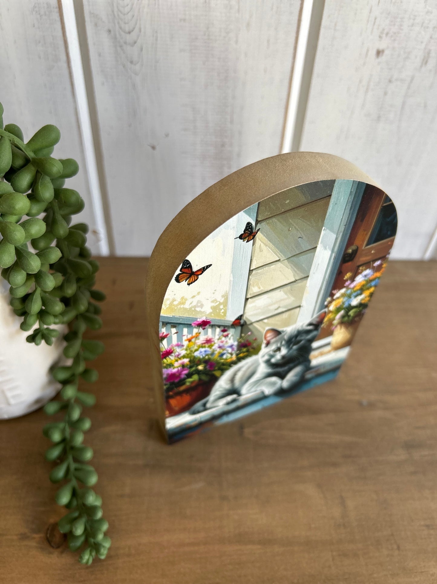 Cat on Porch Wood Arch- Farmhouse Country Animal Decor