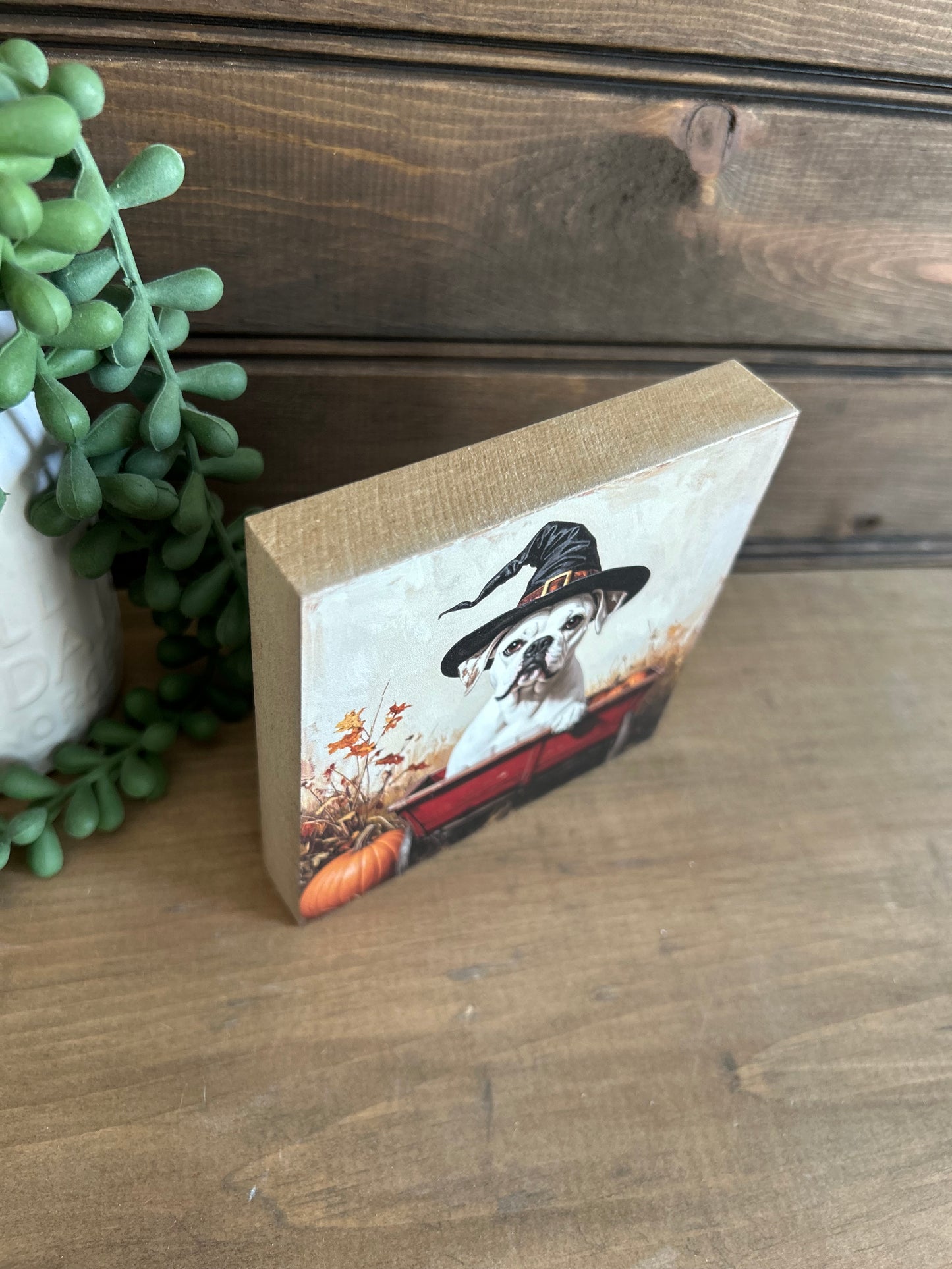 Halloween White Boxer Dog Wood Sign - Fall Pet Home Decor