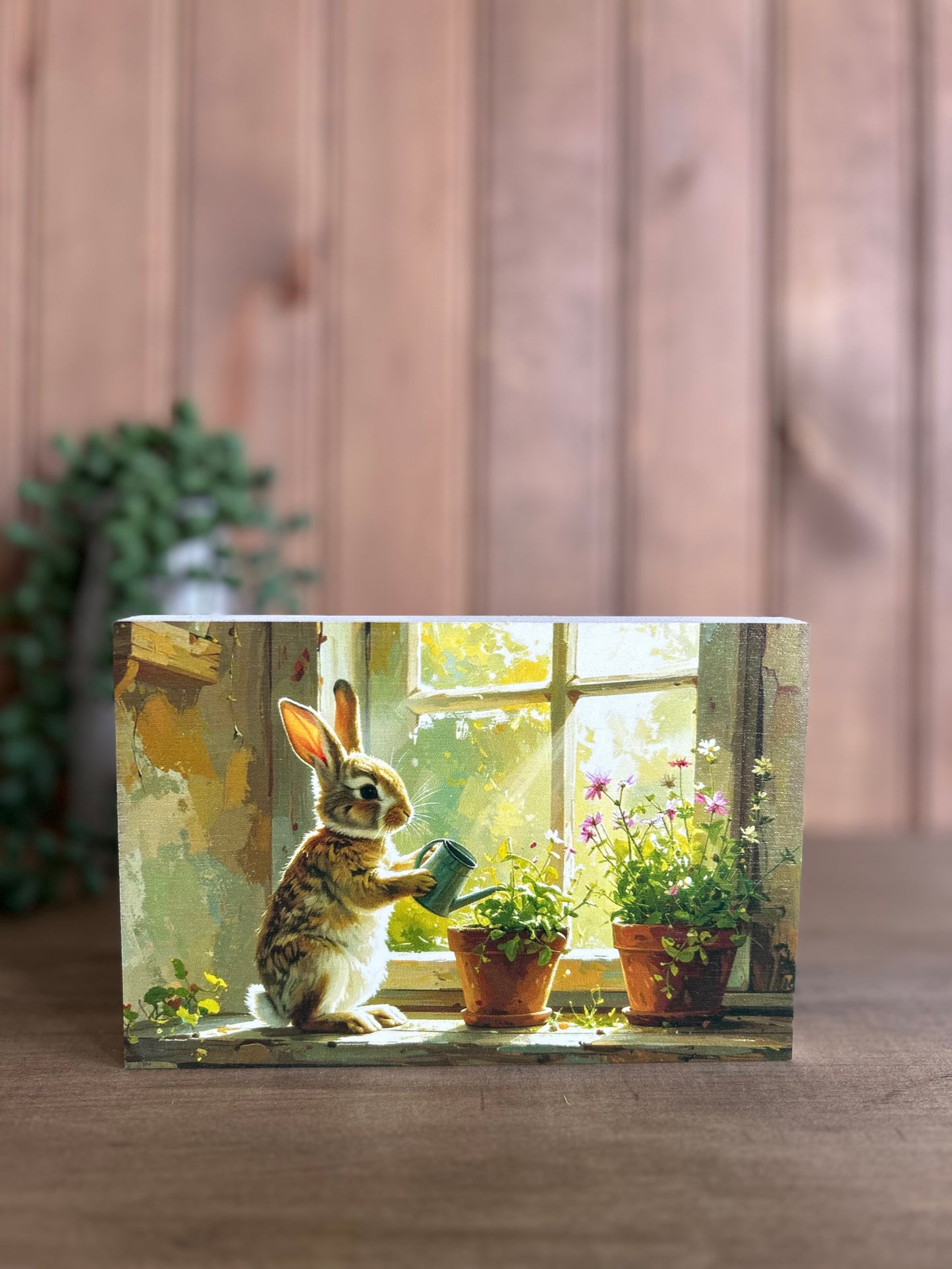 Bunny Watering Plants - Rustic Animal Spring Decor Wood Sign