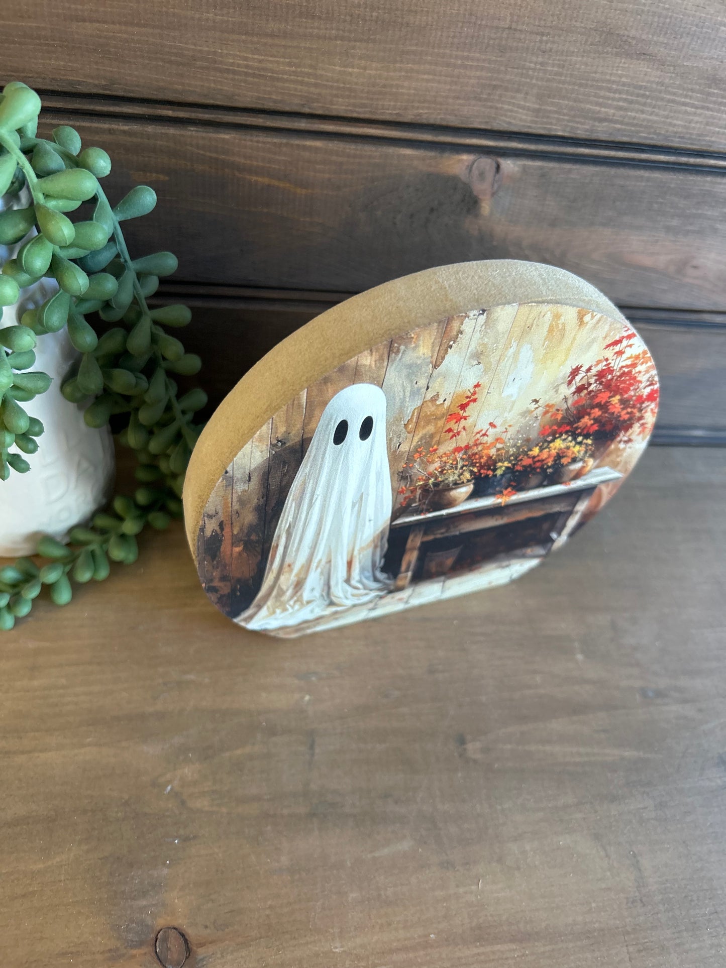 Ghost & Fall Flowers- Halloween/Fall Decor Circle Wood Sign