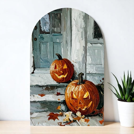 Carved Pumpkins on Porch- Layering Halloween Decor Wood Arch