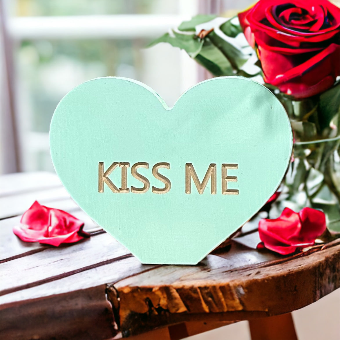 Teal wood heart "Kiss Me"