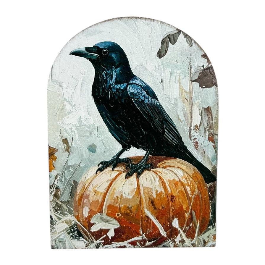 Crow on Pumpkin Wood Arch Printed Sitter- Fall 2025 Decor