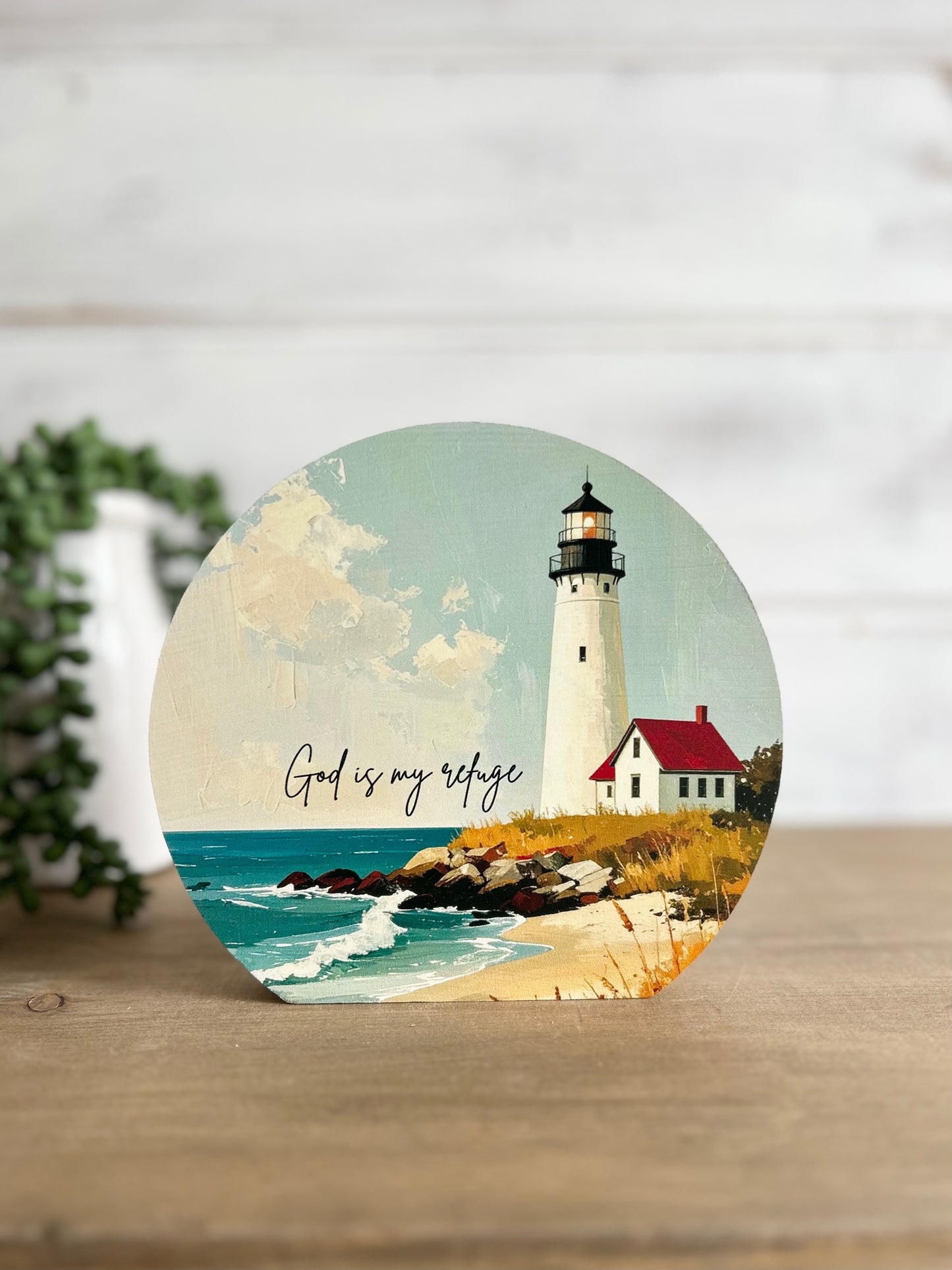 God is my Refuge - Rustic Wood Christian Lighthouse Sign