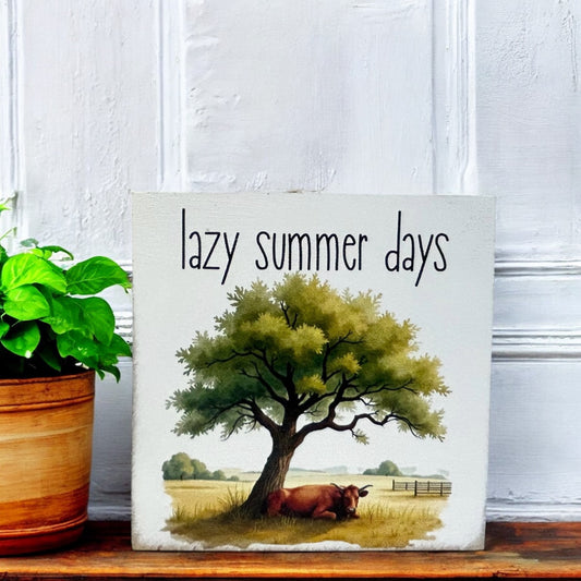 Lazy Summer Days-Cow Decor Miniature Wood Sign Summer Decor