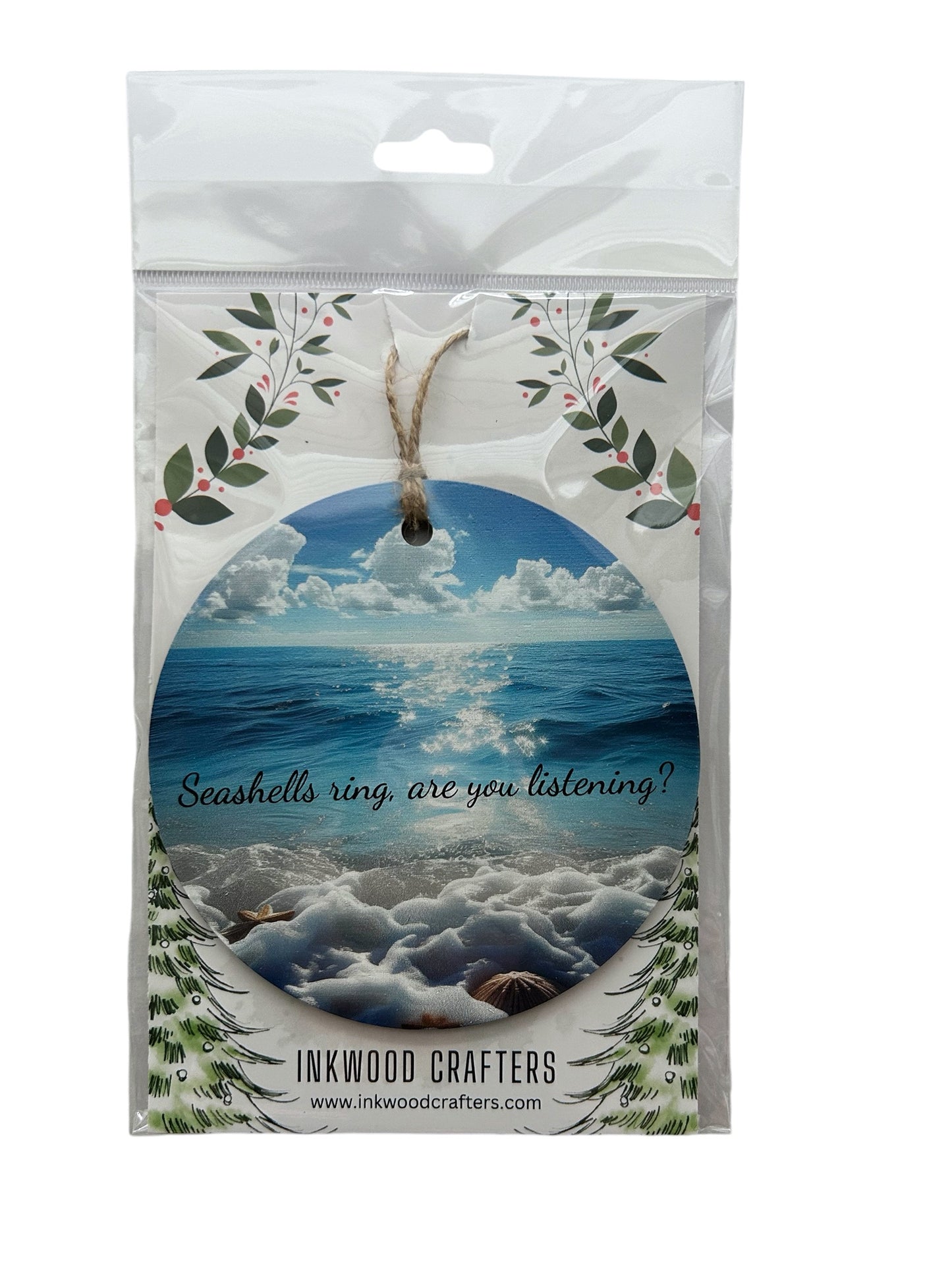 Seashells Ring, Are You Listening? Beach Christmas Wood Ornament