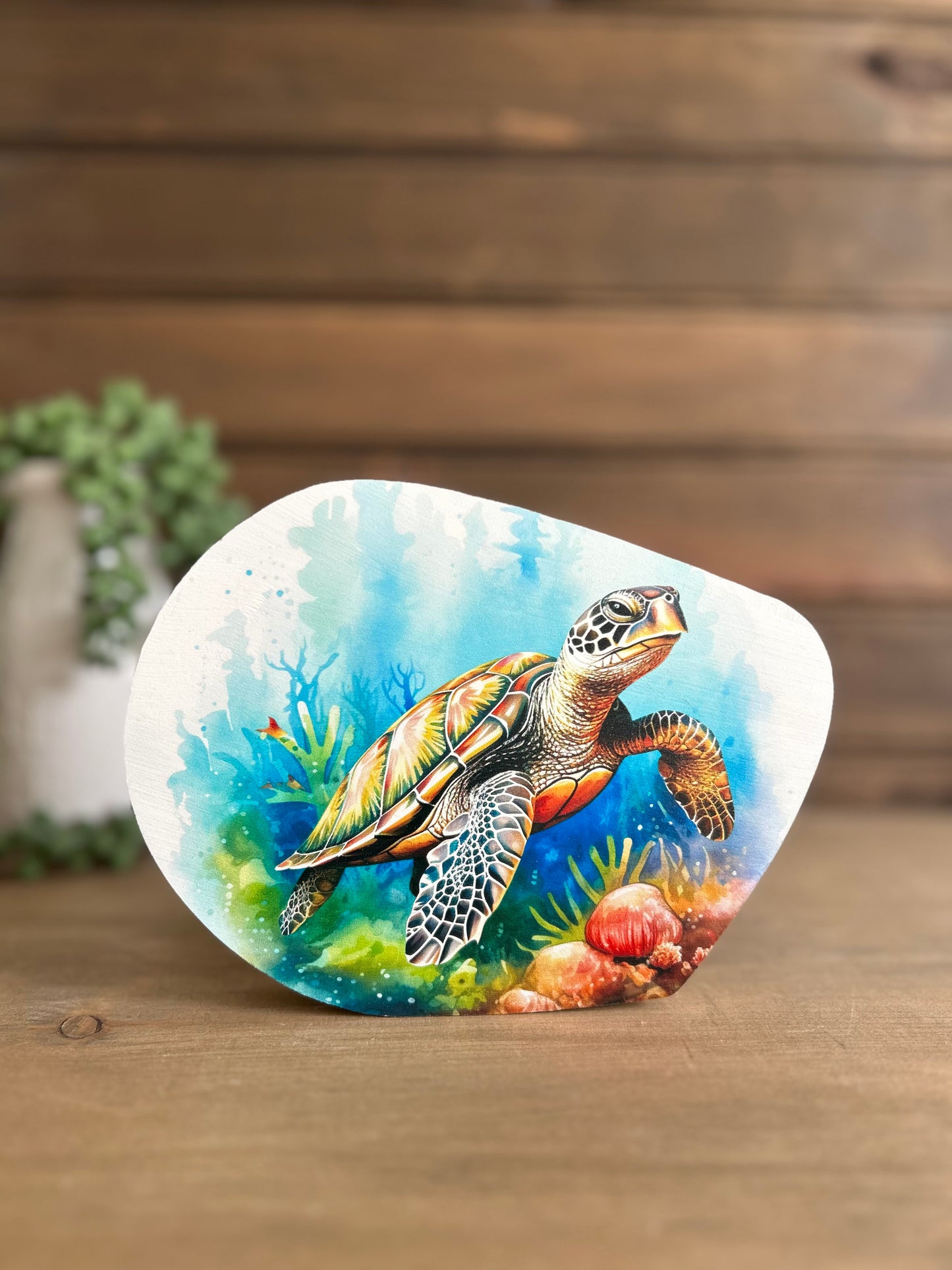 Sea Turtle Abstract Wood Sitter - Coastal/Beach Decor