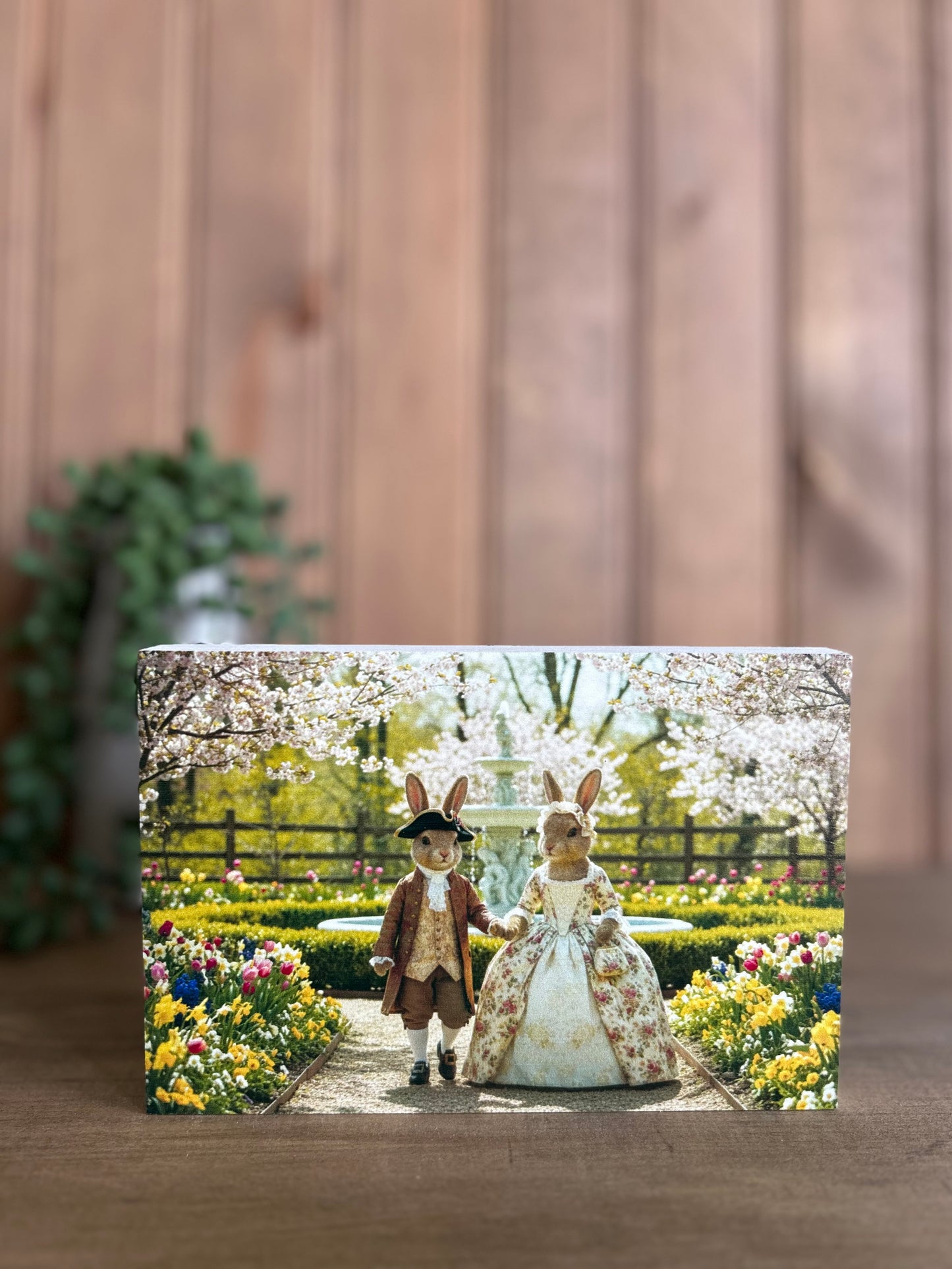 Colonial Bunny Couple- Rustic Animal Spring Decor Wood Sign