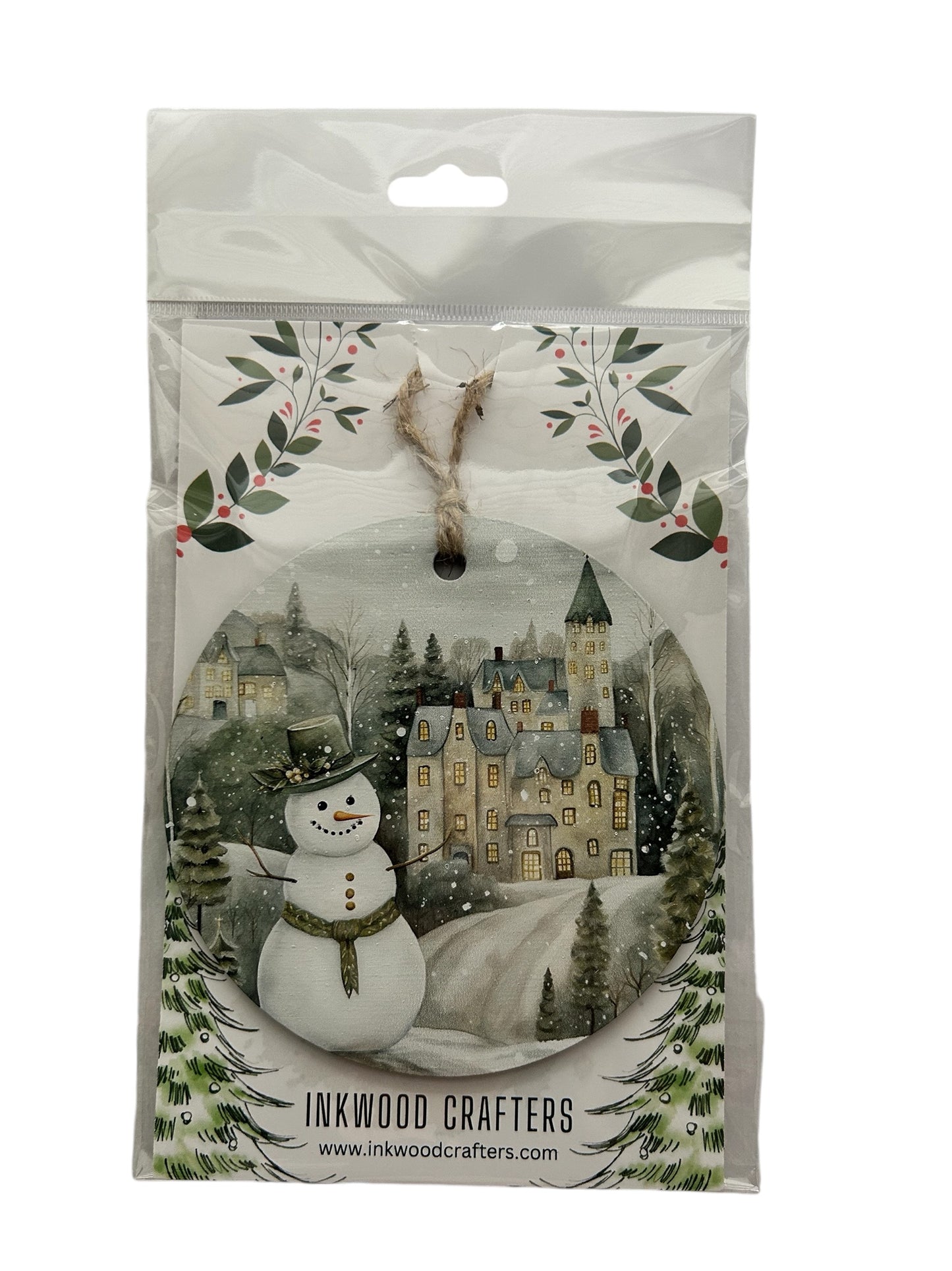 Snowman in Village - Old Fashioned Style Wood Ornament