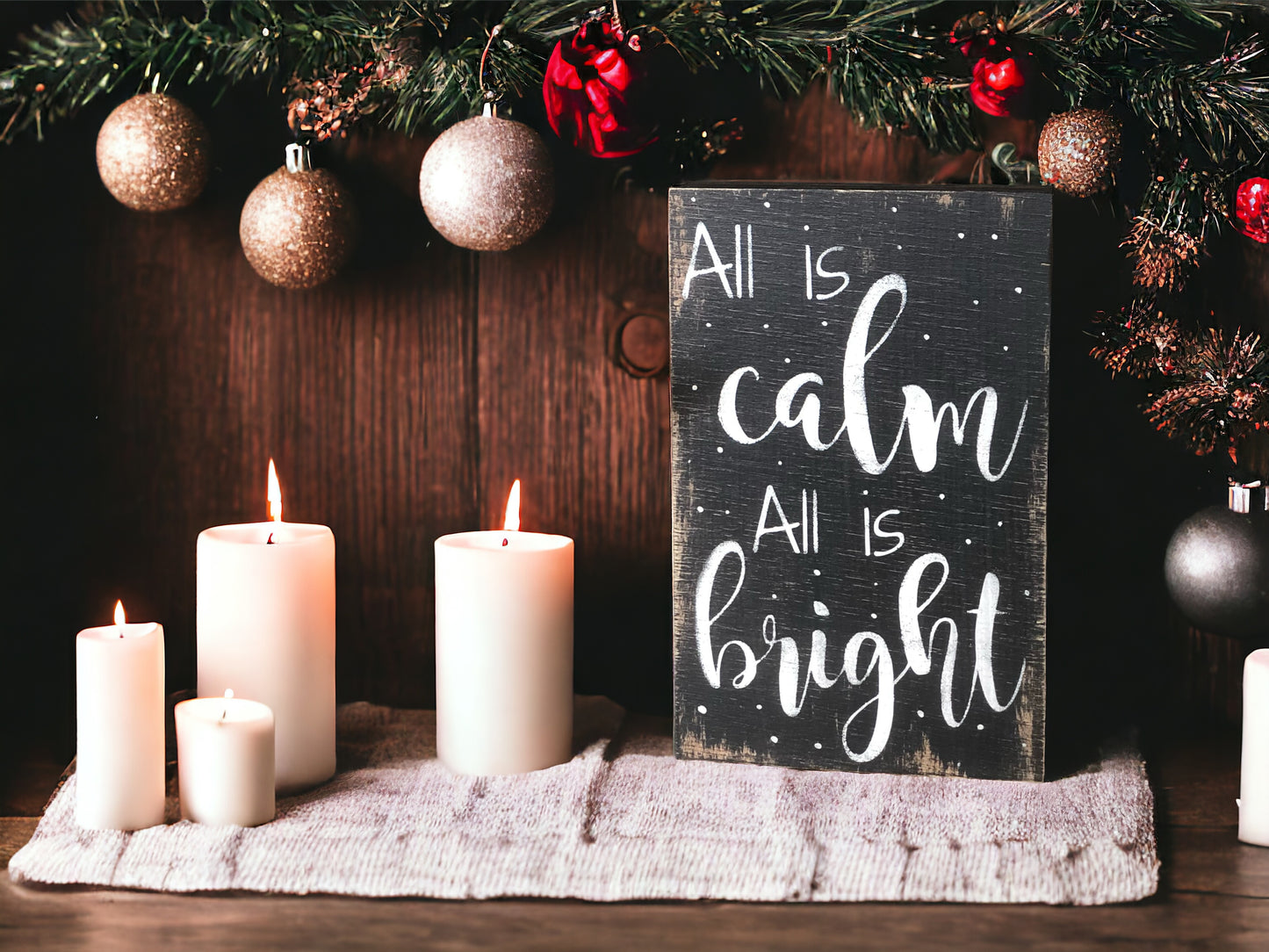 "Calm and bright" wood sign