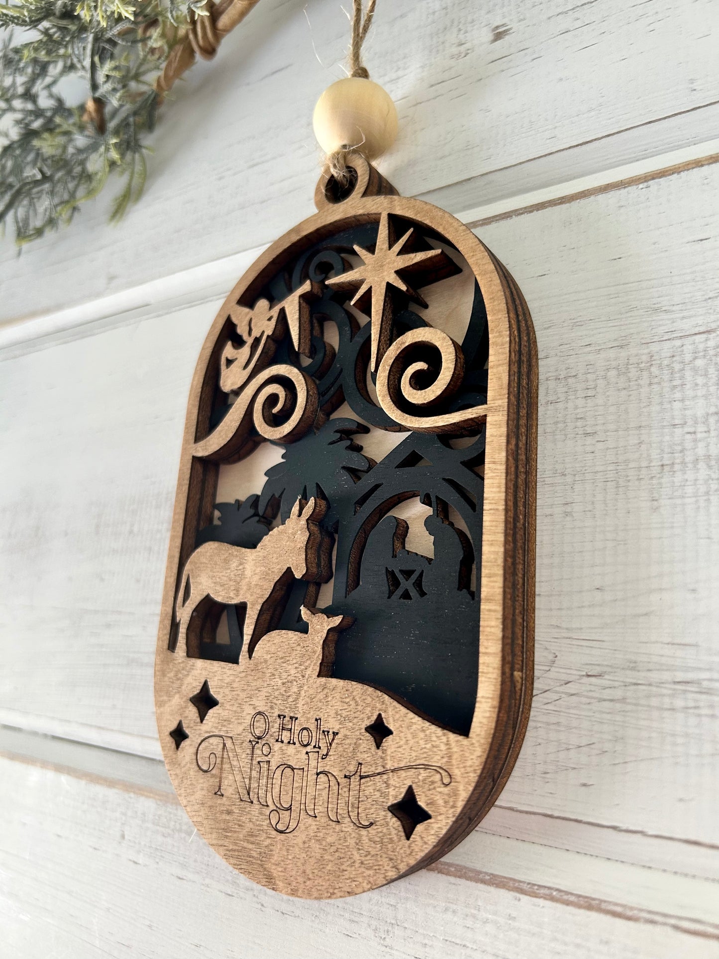 wood layered "holy night" ornament