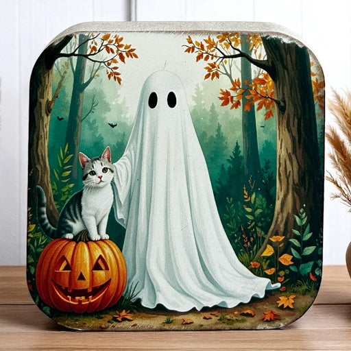 Ghost &Cat- Halloween 2025 Fall Decor Rustic Wood Sign