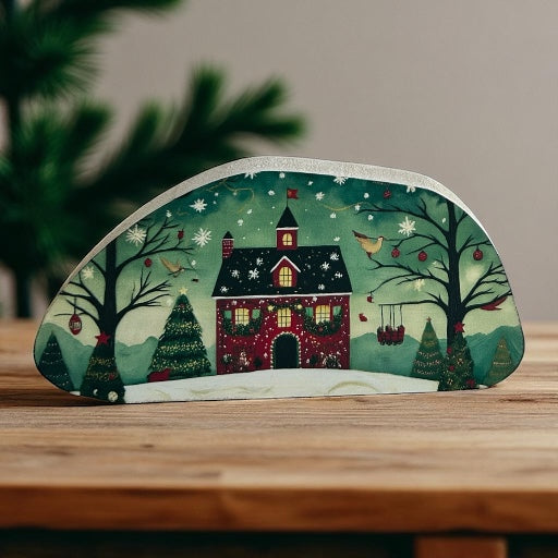 Folk Art Red House Abstract Wood Sitter-Christmas 2025 Decor