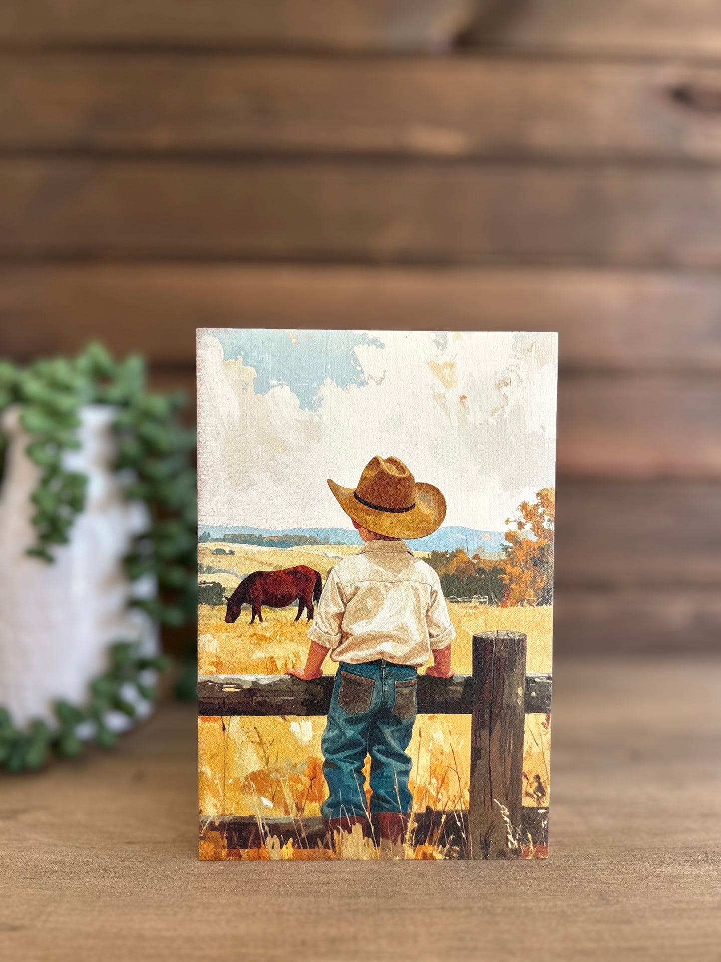 Boy on Fence - Country Western Decor Wood Sign