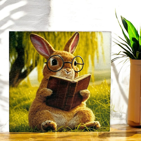 Vintage Bunny Reading a Boom - Spring Decor Wood Sign