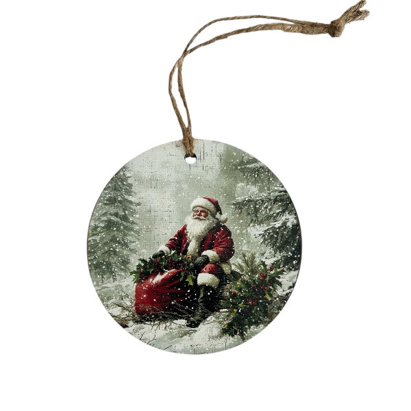 Santa in the Woods -Vintage Style Wood Ornament