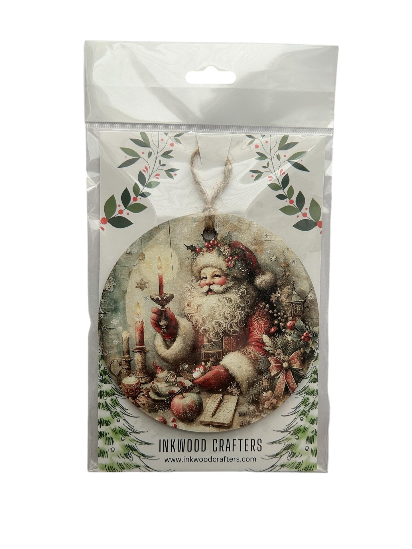 Vintage Santa With Candle - Wood Christmas Ornament