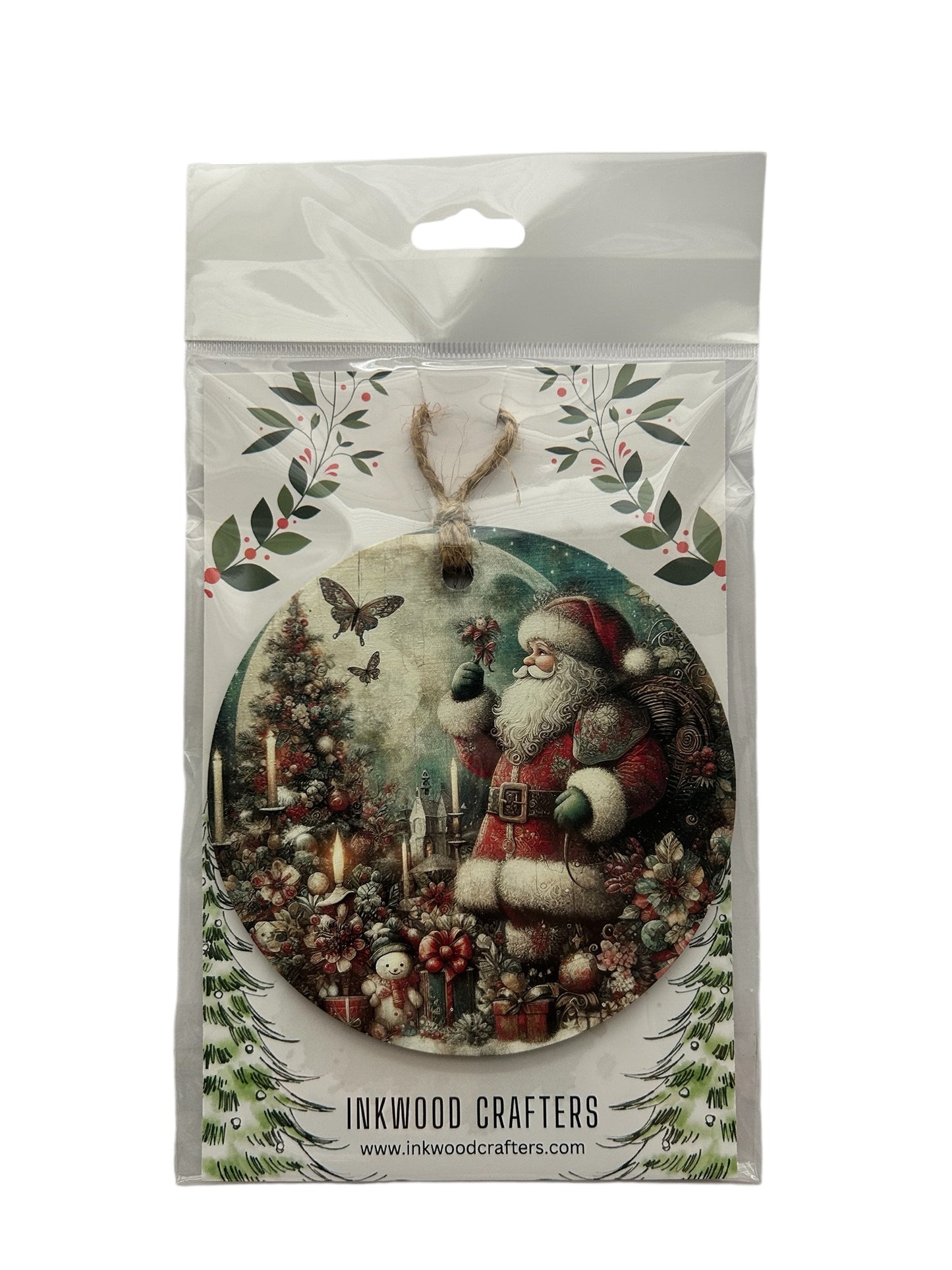 Vintage Santa with Butterfly - Wood Christmas Ornament