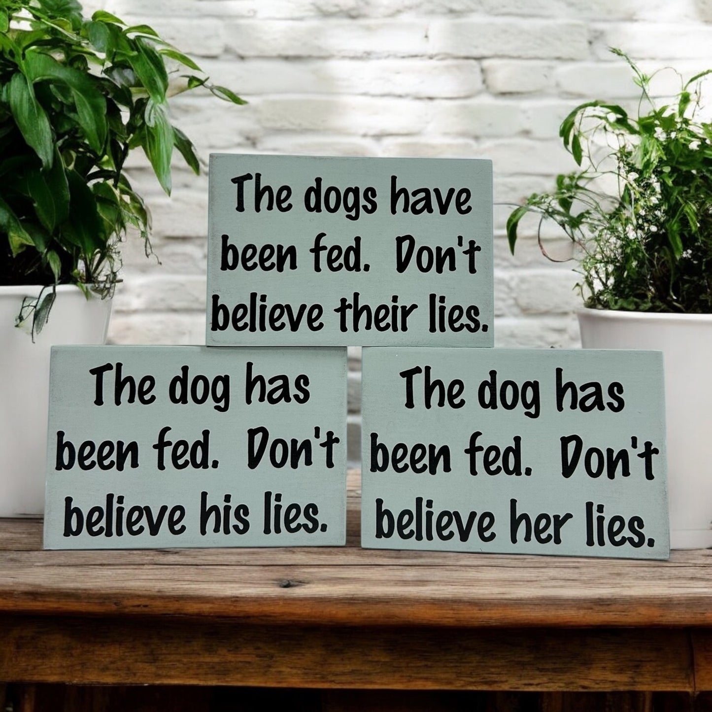 Dog has been fed - Funny Rustic Wood Dog Shelf Sitter Signs