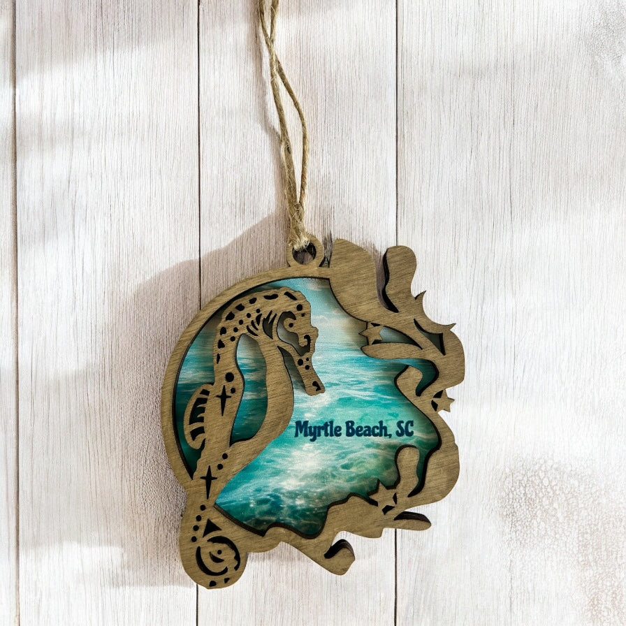 Layered Wood Seahorse Customizable Ornament