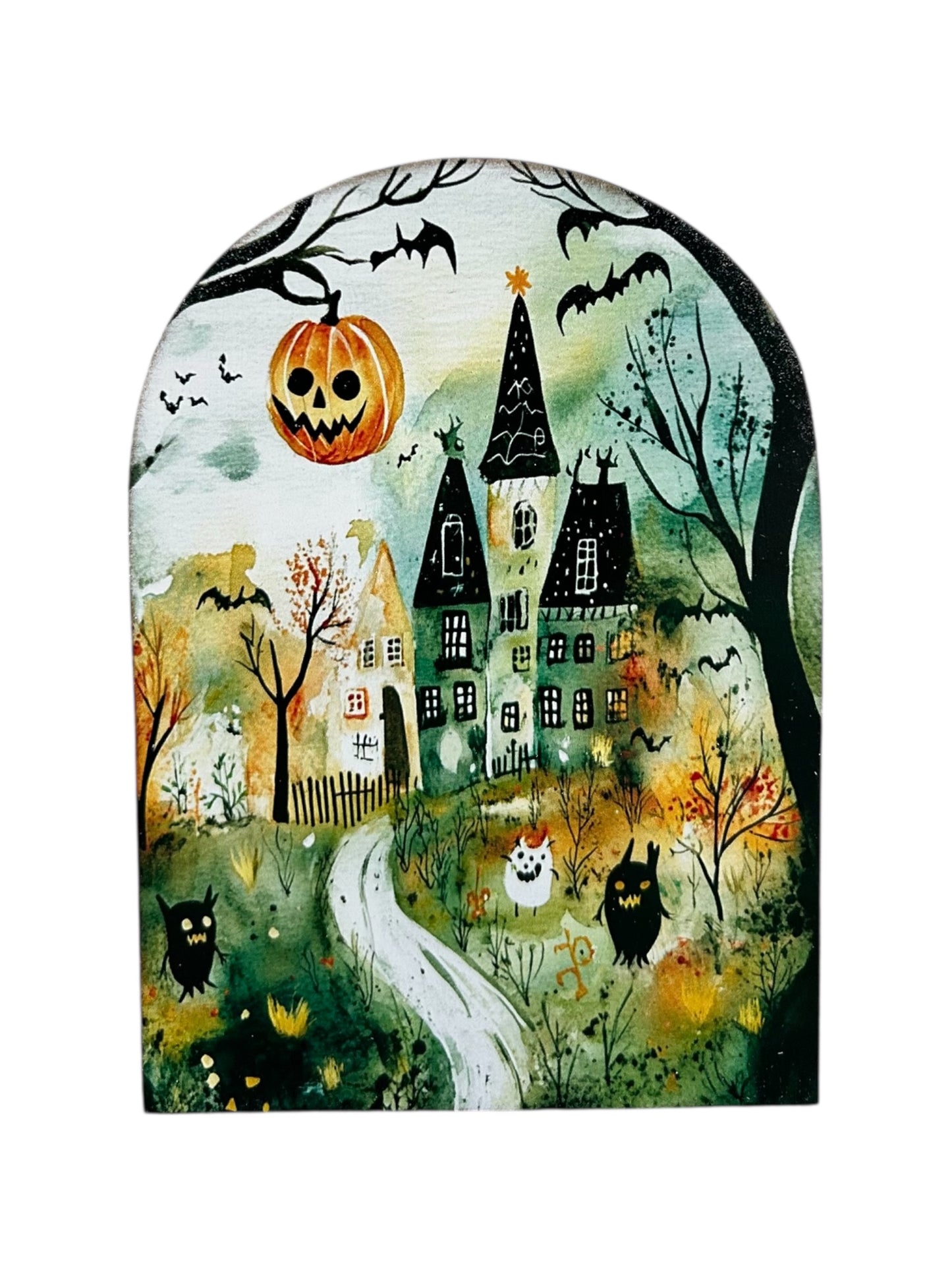 Folk Art Haunted House Wood Arch-Halloween 2025 Fall Decor