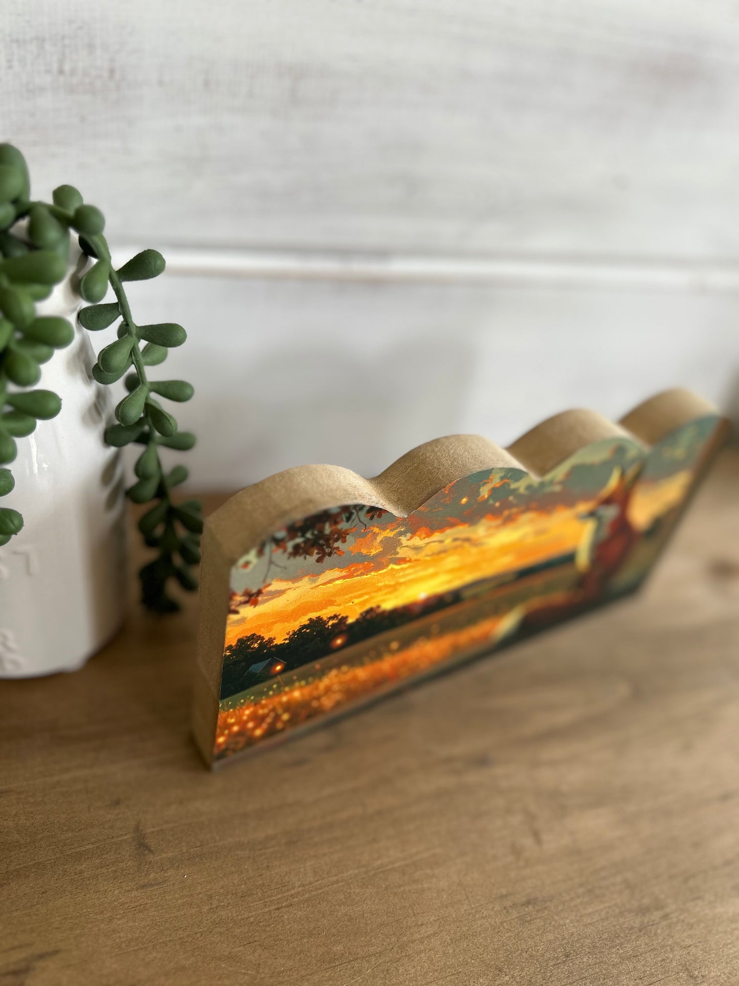 Fox Watching Fireflies - Rustic Decor Scalloped Wood Sign
