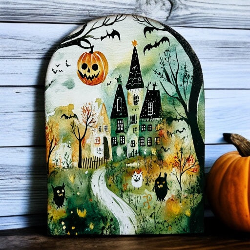 Folk Art Haunted House Wood Arch-Halloween 2025 Fall Decor