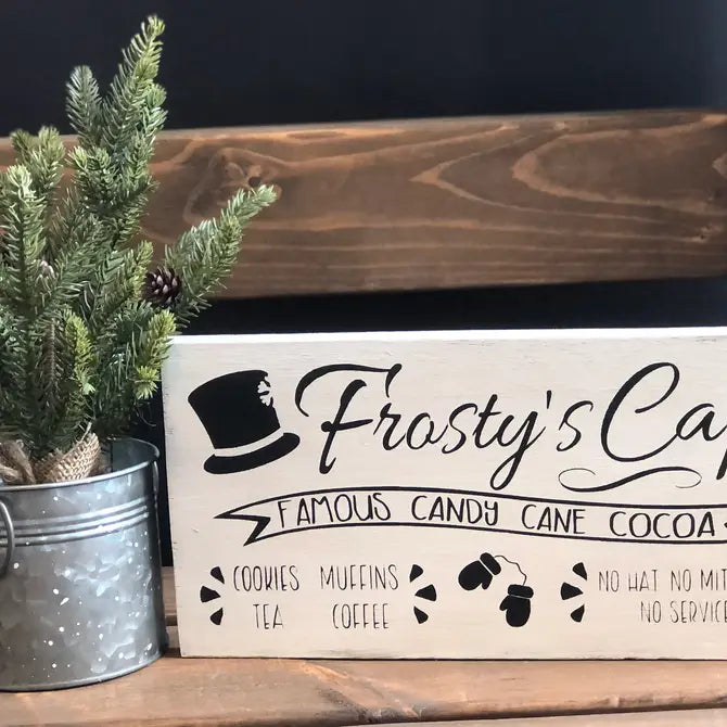 Frosty's Café - Rustic Wood Christmas White Sign
