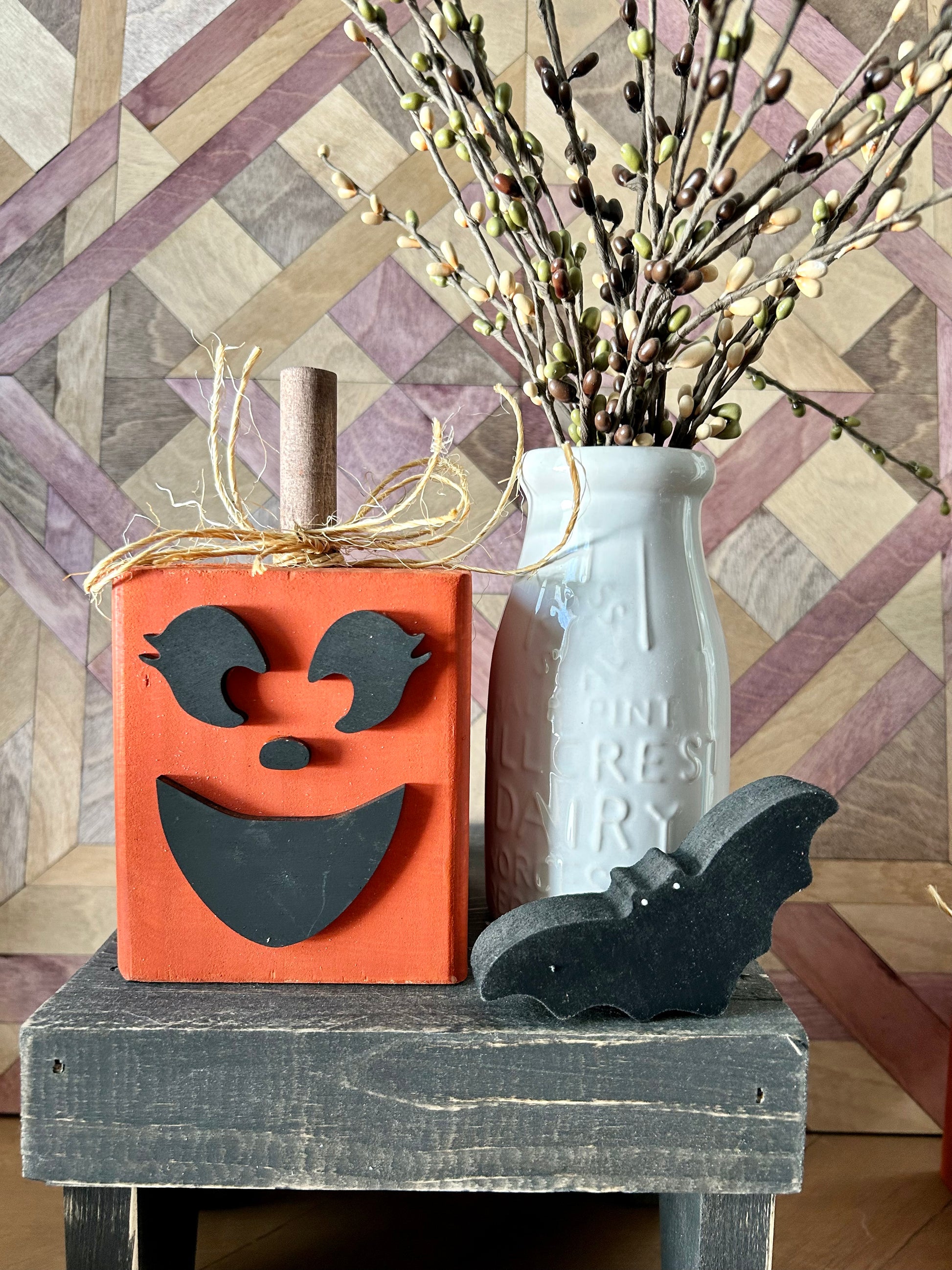 wood pumpkin face block
