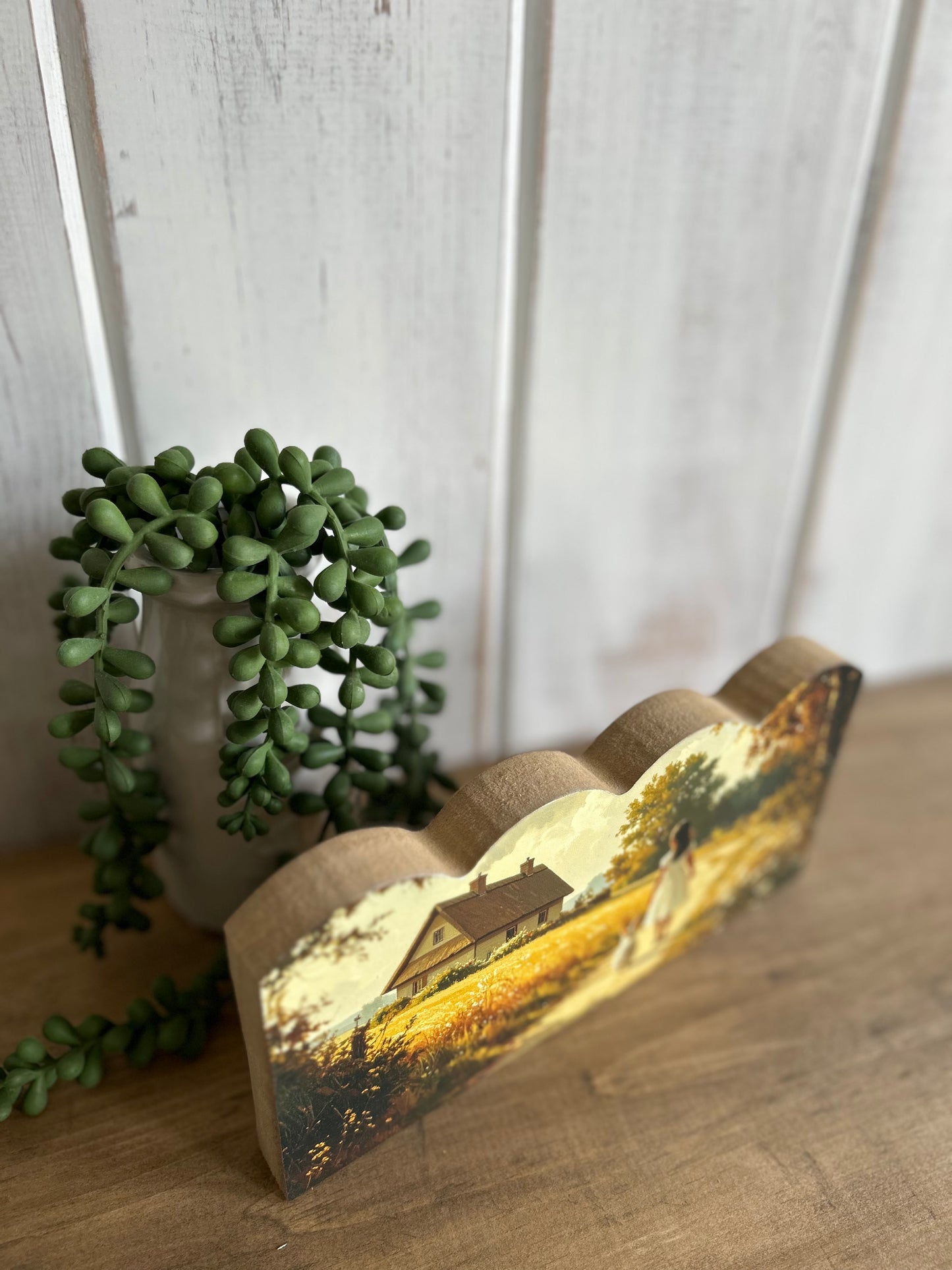 Girl With Bunny - Rustic Spring Decor Scalloped Wood Sign