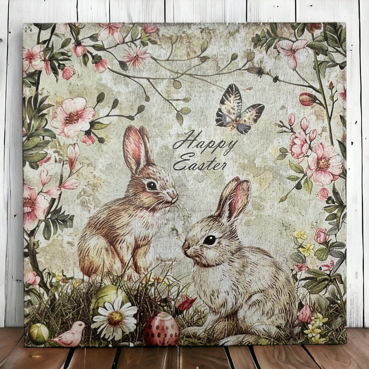 Happy Easter - Bunnies and Florals Rustic Spring Decor