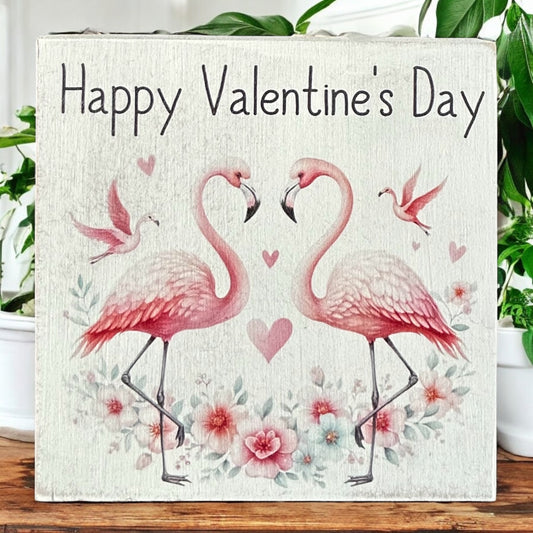 Happy Valentine’s Day - Rustic Flamingo Lovers Wood Sign