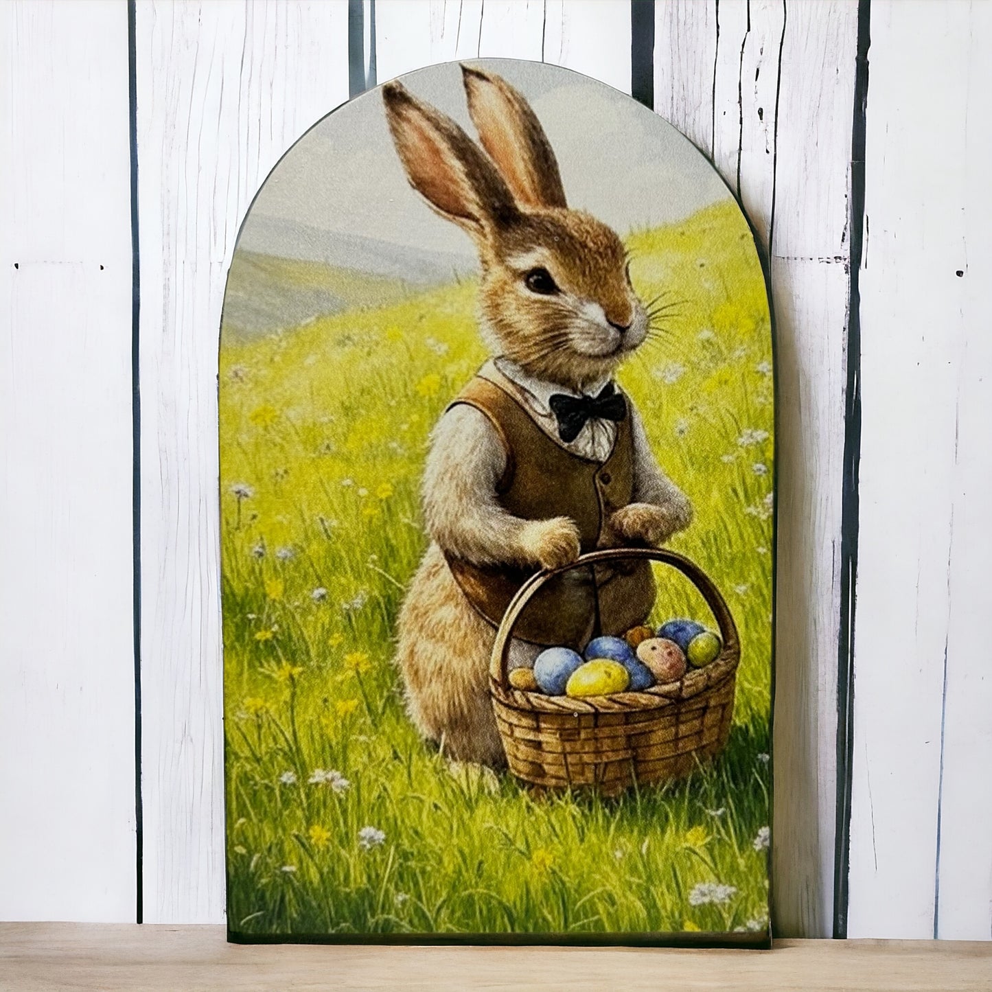 Bunny with Easter Basket - Printed Wood Arch - Spring Decor
