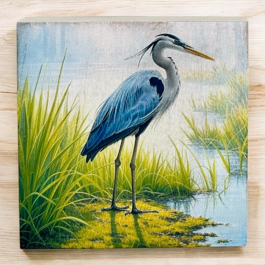 Heron in Marsh - Rustic Wood Coastal Décor Sign Summer Décor