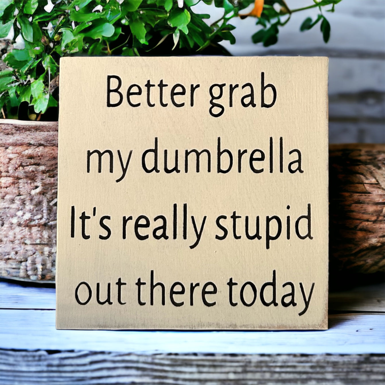"dumbrella" funny wood sign