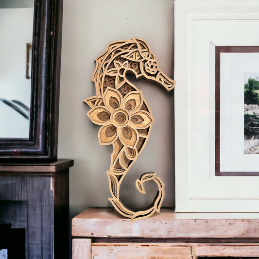 Layered wood seahorse decor