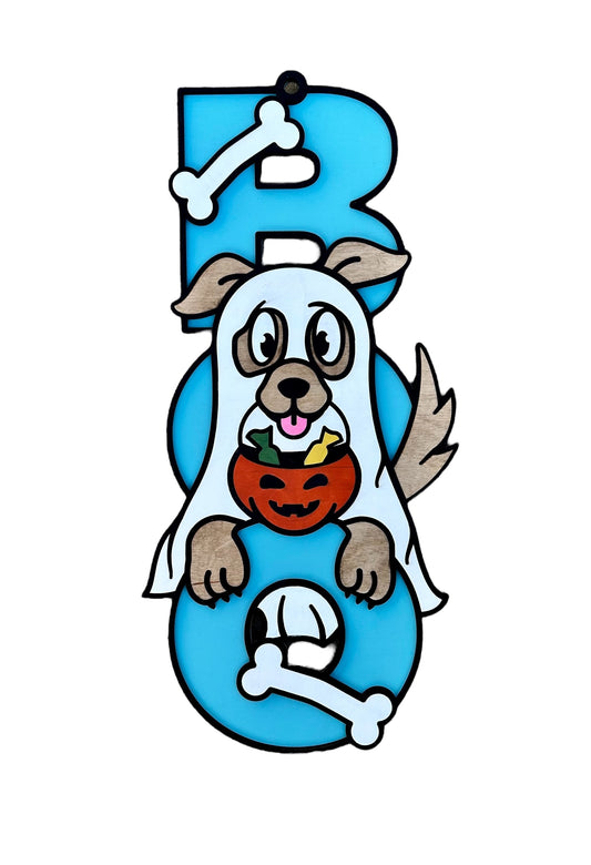 BOO Dog Ghost Wood Door Hanger