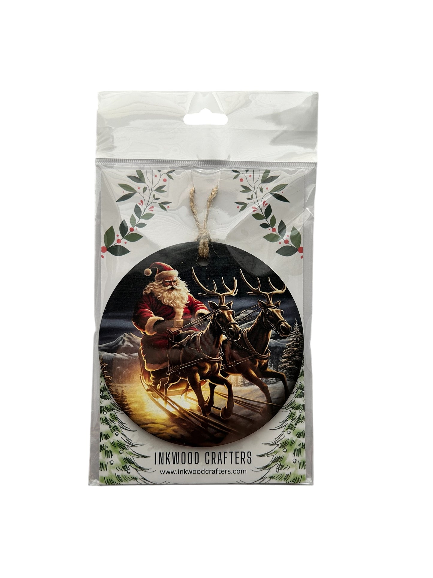 Rushing Santa Wood Christmas Ornament