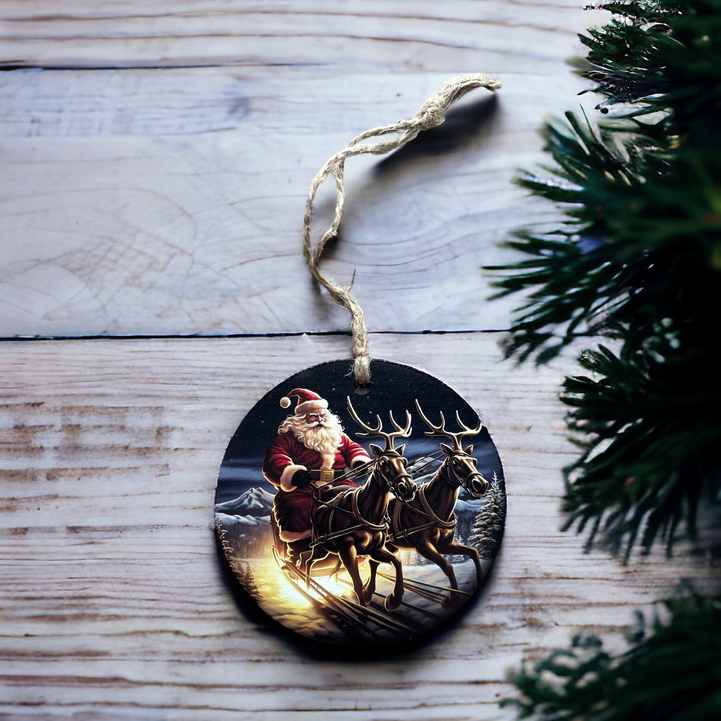 Rushing Santa Wood Christmas Ornament