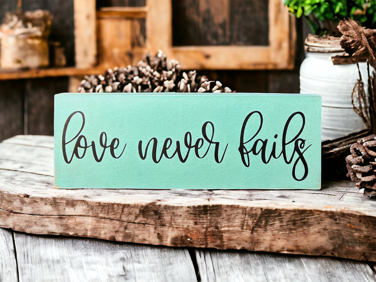 Love Never Fails - Rustic Wood Sign