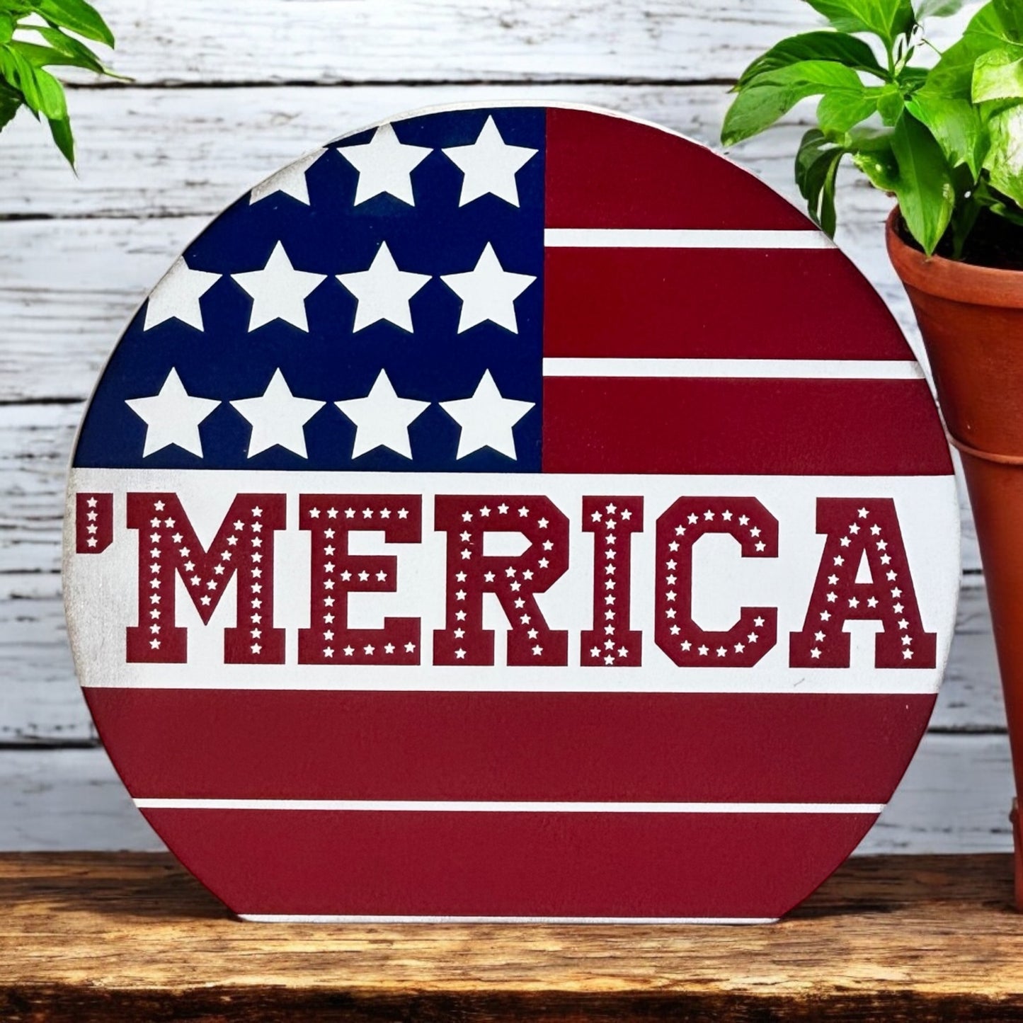 ‘Merica- Wood Patriotic Decor Circle Sign