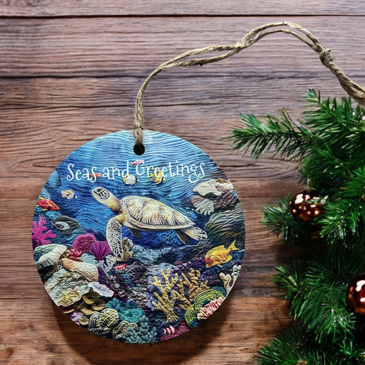 Seas and Greetings - Beach Christmas Wood Ornament