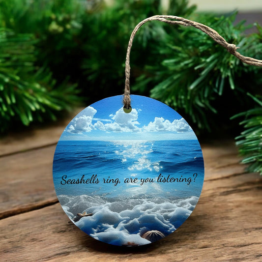 Seashells Ring, Are You Listening? Beach Christmas Wood Ornament