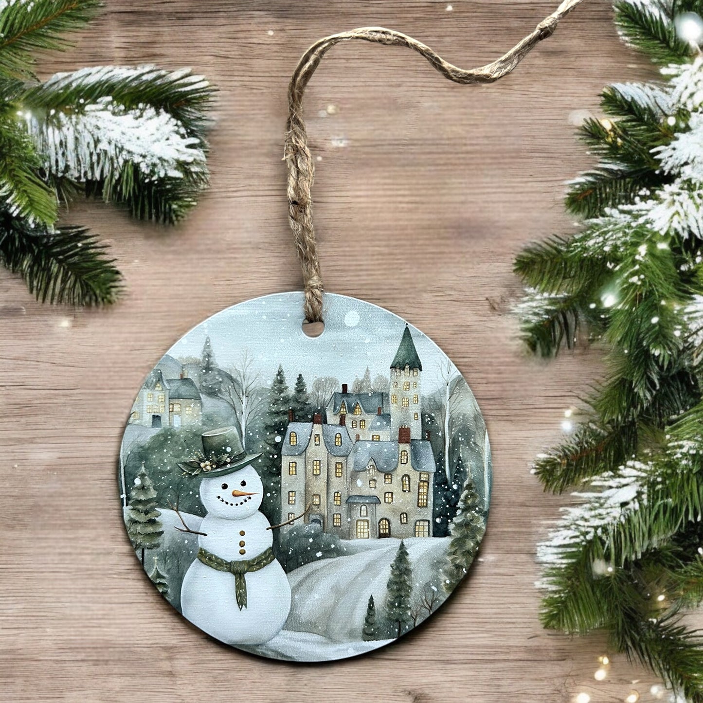 Snowman in Village - Old Fashioned Style Wood Ornament